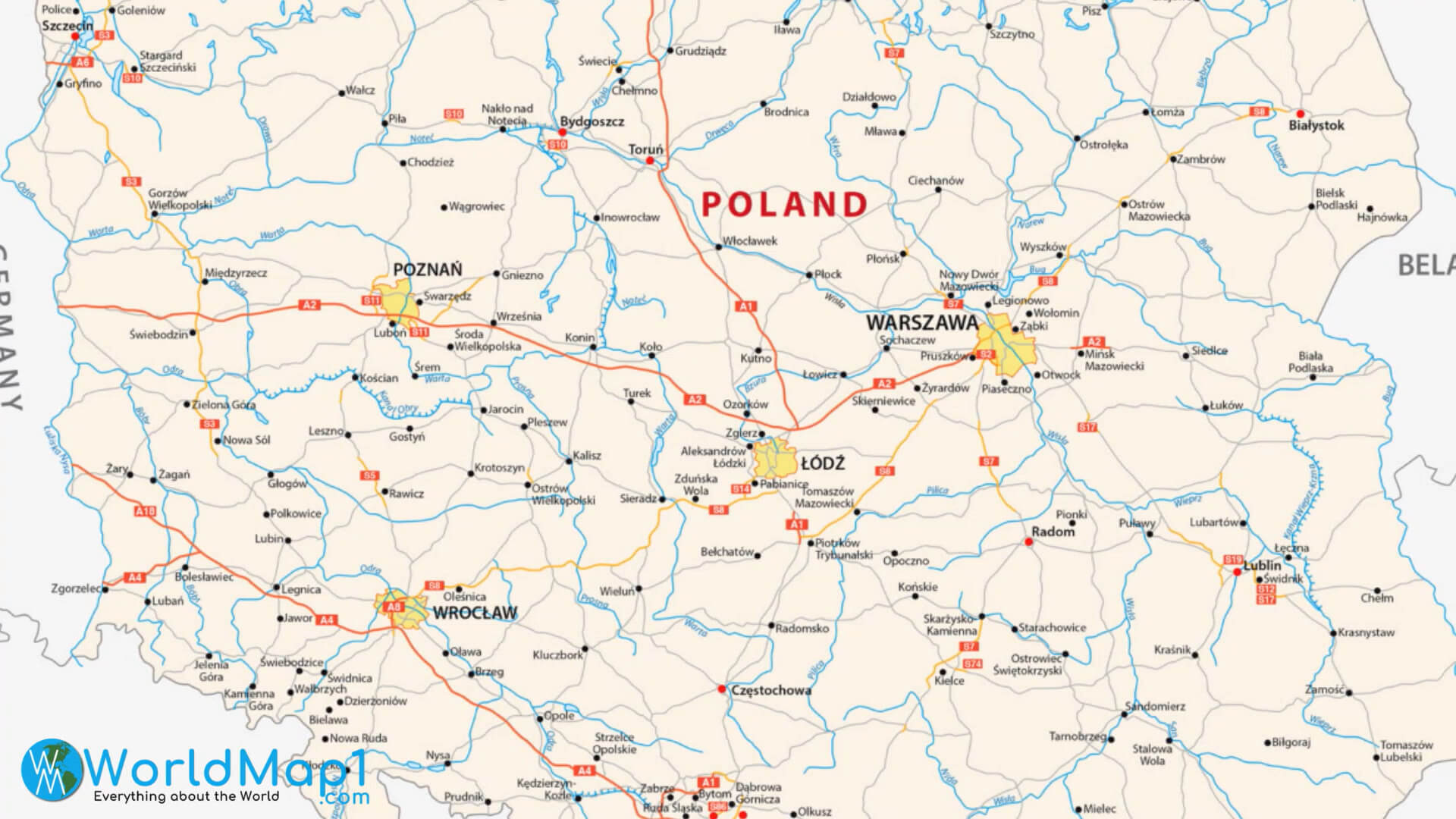 Warsaw Map with Poznan Lodz and Wroclaw
